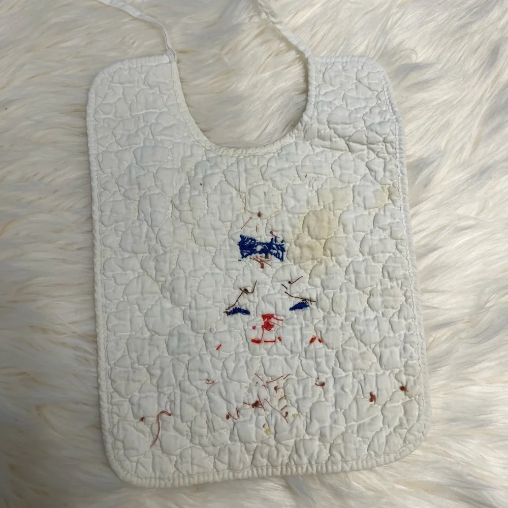 VTG Vintage 1960 Quilted Cotton Appliqué Baby Bib Pink Bunny Rabbit White